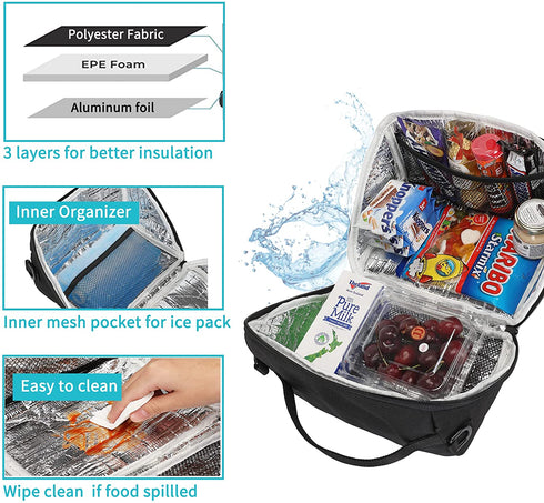 Sunny Bird Small Insulated Lunch Bag Portable Lunch Box Tote for Work and School (Black)