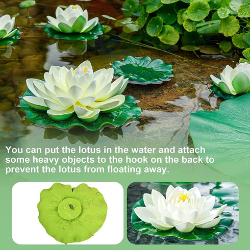8Pcs Artificial Floating Lotus Decor with Lily Pad, Ivory White Plastic Foam Lotus Flowers with Water Lily Pad, Realistic Lotus Flower for Garden Koi Fish Pond Aquarium Pool Wedding Decor