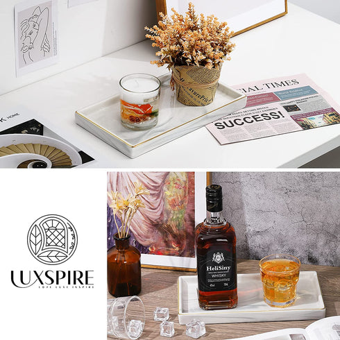 Luxspire Bathroom Vanity Tray, Golden Rimmed Jewelry Organizer rectangle Ceramic Tray, Kitchen Countertop Ring Dish Holder Cosmetic Organizer plate for Candles Perfume Home D©cor, Medium, Marble White