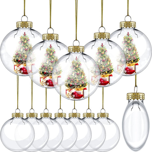 Clear Christmas Plastic Ornament Ball Transparent Fillable Sphere Light Bulb Ornament with Rope and Removable Metal Cap Christmas Hanging Ornaments for Christmas Tree Decor (Gold, 12)
