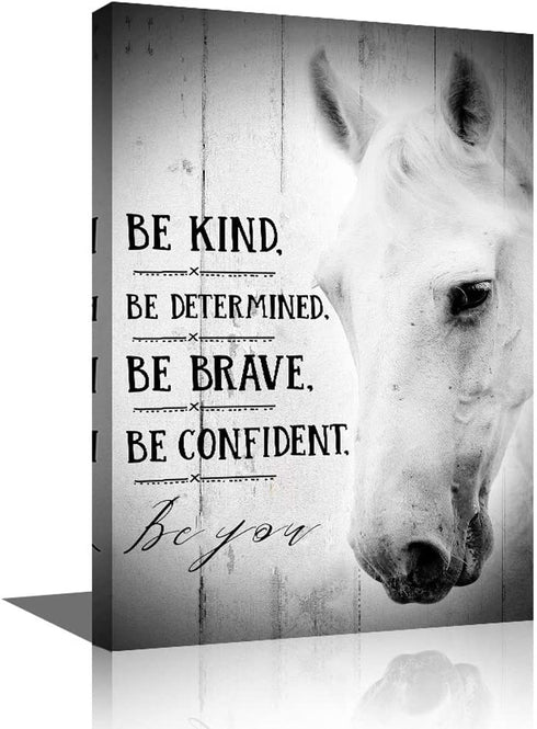 Inspirational Wall Art Canvas Farmhouse Countryside Black and White Wooden Board Animals Horse Motivational Theme Wall Decor Pictures Framed Artwork for Walls Modern Home (White Horse, 12"—16"—1 pcs)