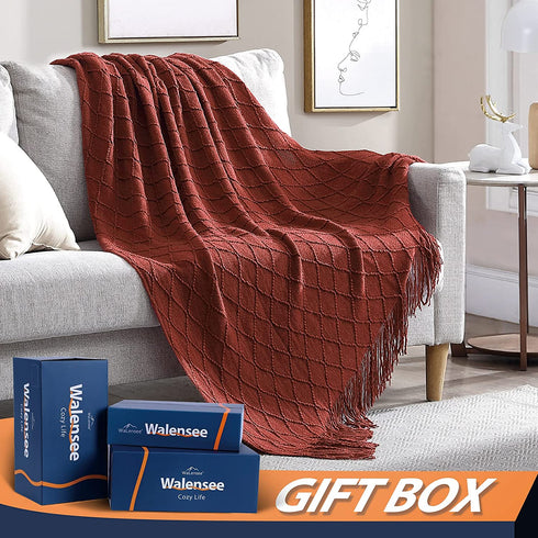 Walensee Throw Blanket for Couch, 50 x 60 Rust, Acrylic Knit Woven Summer Blanket, Lightweight Decorative Soft Nap Throw with Tassel for Chair Bed Sofa Travel Picnic, Suitable for All Seasons