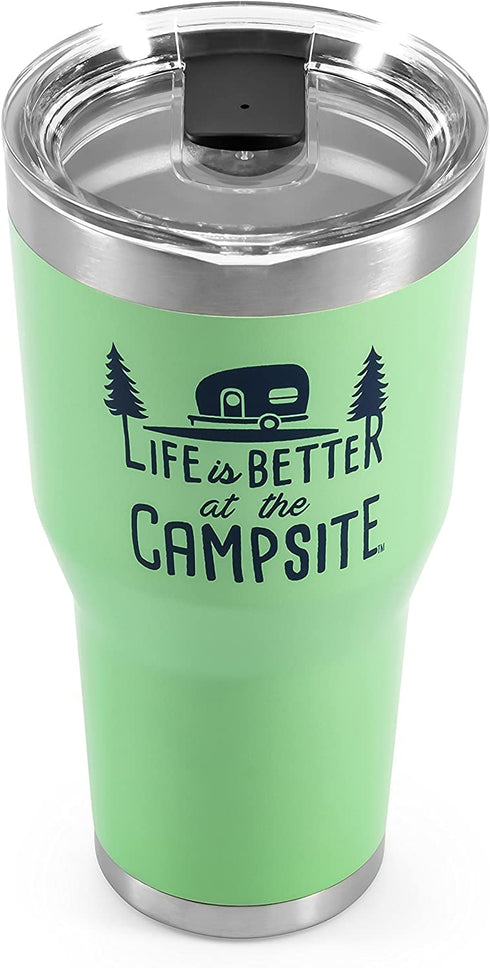 Camco Life is Better at The Campsite Stainless Steel 30 oz. Tumbler with Double Wall Insulation - Leak Proof Lid, Won't Sweat, Great For Hot and Cold Drinks - Green (53064)
