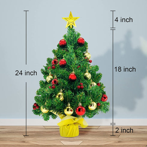 CREPRO 2ft Pre-lit Christmas Tree, Artificial Mini Christmas Tree with Lights and Christmas Ornaments, Tabletop Christmas Trees with Star Treetop for Xmas Home Party Holiday DIY Decorations(Gold)