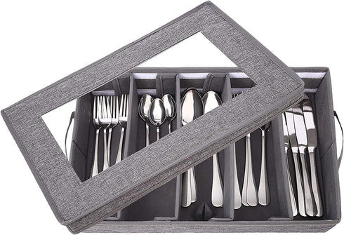 Flatware Storage Case, Silverware Storage Box Chest with Adjustable Dividers, Fabric Container Holder for Organizing Utensils, Cutlery, Flatware, Knives, Large Capacity Gray