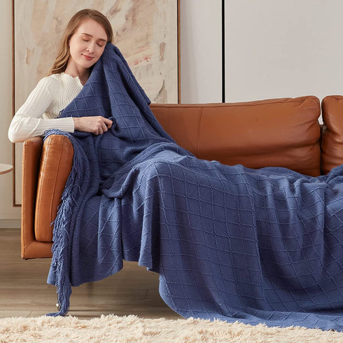 Inhand Knitted Throw Blankets for Couch and Bed, Soft Cozy Knit Blanket with Tassel, Navy Blue Lightweight Decorative Blankets and Throws, Farmhouse Warm Woven Blanket for Men and Women, 50"x60"