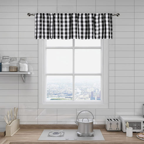 Black and White Buffalo Plaid Tie Up Valance Curtains, Buffalo Check Gingham Farmhouse Retro Adjustable Tie-Up Shades Window Treatment Kitchen Curtains for Cafe Bathroom Windows, 56 x 18", Black/White