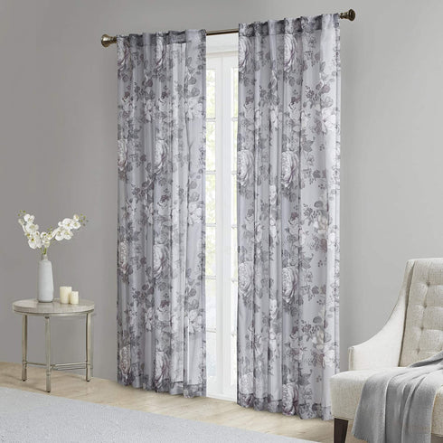 Madison Park Simone Floral Design Sheer Single Window Curtain Voile Privacy Drape for Bedroom, Livingroom, 50" x 95", Backtab Panel, Grey