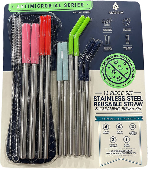 Manna Stainless Steel Reusable Straw & Cleaning Brush Set 13 Piece