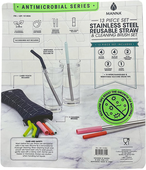Manna Stainless Steel Reusable Straw & Cleaning Brush Set 13 Piece