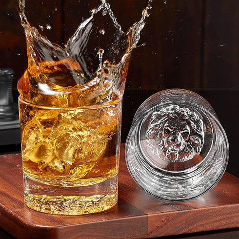 Whiskey Glasses Set of 4, Haunio 10 Oz Old Fashioned Crystal Whiskey Glasses with Lion Pattern, Thick Bottom and Luxury Box for Scotch, Bourbon, Liquor, Cognac and Cocktails, Gifts for Men Women