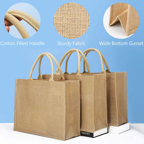 Segarty Tote Bags, 3 Pack Medium Burlap Jute Reusable Canvas Gift Favors Bag with Handles Blank Totes Bulk for Bridesmaid Wedding, Women Market Grocery Shopping, Bachelorette Party, Beach Trip, DIY