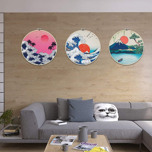 3 Pcs Japanese Wall Art Great Wave Sunset Canvas Art Prints with Frame, Sunrise Lake Landscape Nature Wall Art Painting with Hanging Roping and Nails Wall Hanging for Room(10.8x10.8 inches)