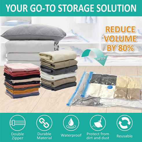 16 Pack Vacuum Storage Bags, Space Saver Bags (2 Jumbo/2 Large/3 Medium/3 Small/6 Roll) Compression Storage Bags for Comforters and Blankets, Vacuum Sealer Bags for Clothes Storage, Hand Pump Included