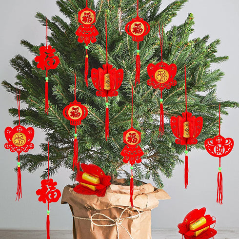 Whaline 36 Pieces Chinese New Year Decorations Chinese Knot Pendant Red Hanging Ornaments,Lucky Fu Pendants for New Year Home Office Car Trees Spring Festival New Year Decorations (6 Designs)