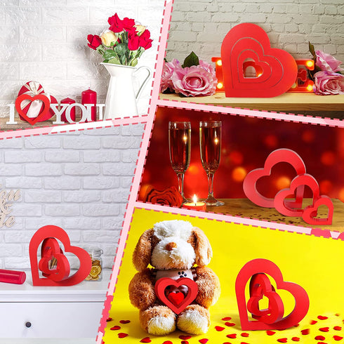 3 Pieces Heart Wooden Sign Heart Shape Wood Decor Love Table Decoration Rustic Mother's Day Tabletop Centerpiece for Shelf Nursery Decor Home Decor (Red,Heart Style)