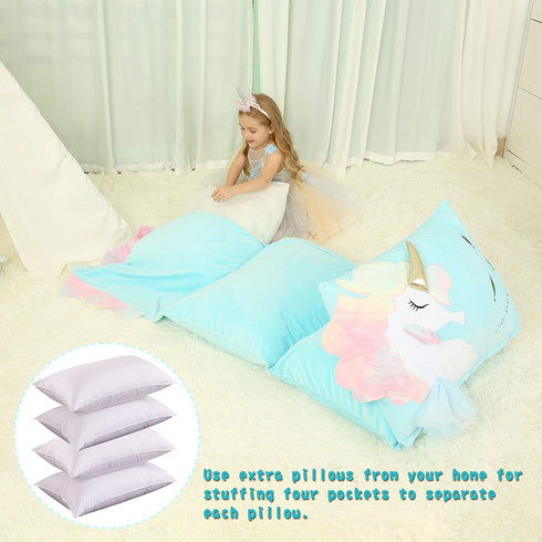 Blue Unicorn Pillows Floor Lounger for Kids, Girls Room Decor, Pillow Queen Beds, Floor Pillow Cushion Fold Out Chair Bed, Floor Sofa Bed Pillow Cover 88" L x 28"