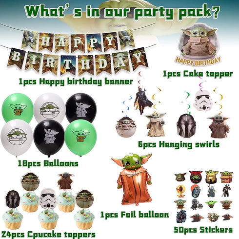 Birthday Decorations, Birthday Party Supplies with Foil Baby Yoda Balloon, Happy Birthday Banner, Cake Toppers, Balloons, Hanging Swirl, Stickers Party Decorations for Kids Boys Party