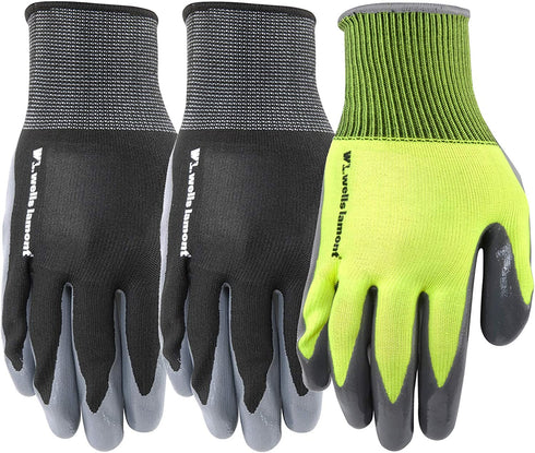 Wells Lamont 3 Pair Pack Men's Nitrile Coated Grip Work Gloves, Medium (546MF) , Black