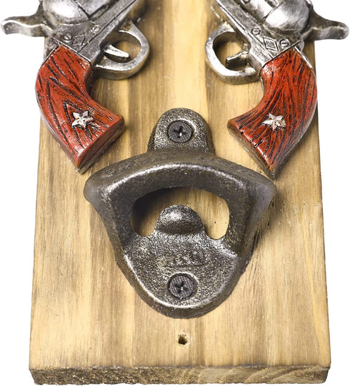 MyGift Wall Bottle Opener - Rustic Burnt Wood Western-Inspired Hanging Beer Bottle Cap Opener with Dual Old Wild West Six Shooter Revolvers Design