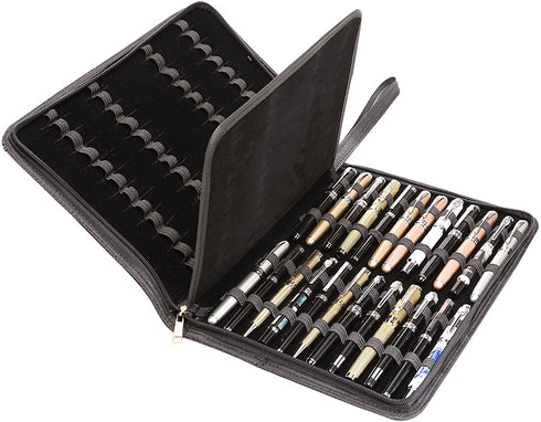 Fountain Roller Ball Pen Case Holder PU Leather Bag for 48 Pens Color Black