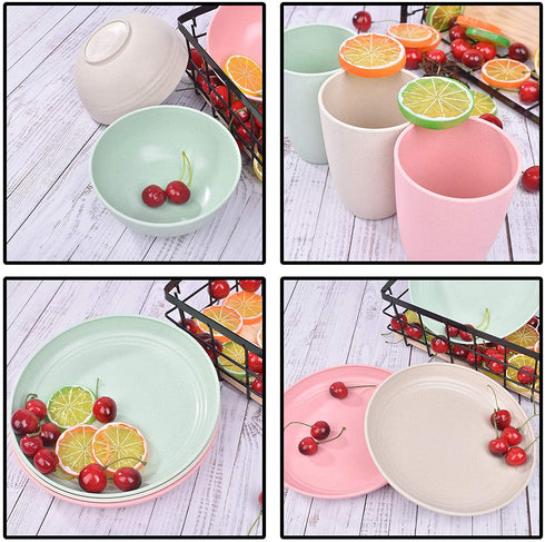 Lnrkai Dinnerware Sets of Wheat Straw Unbreakable, 12 PCS Lightweight Plates, Bowls, Cups Sets, (/4 per), Reusable Plastic Cereal Camping Dinnerware Set, Easy to Wash, Microwave Safe (4 colors)