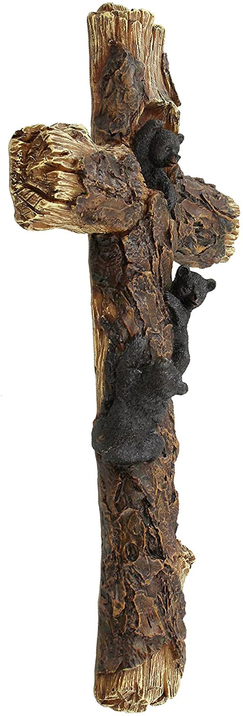DeLeon Collections Decorative Black Bear Cubs Climbing Wall Cross - Rustic Cabin Jesus Art