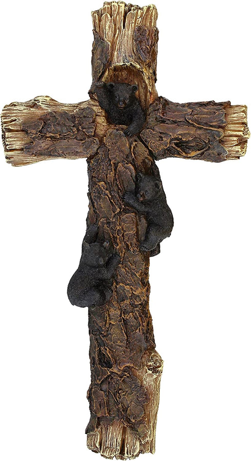 DeLeon Collections Decorative Black Bear Cubs Climbing Wall Cross - Rustic Cabin Jesus Art