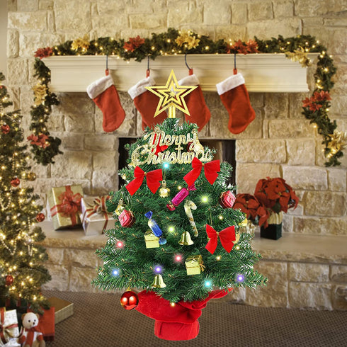 Small Christmas Tree, 2ft Mini Christmas Tree, Artificial Small Desktop Xmas Tree with Lights and Tree Ornaments, for Christmas Thanksgiving Decorations