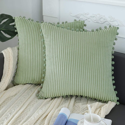 sykting Sage Green Pillow Covers 18x18 inch Soft Striped Boho Farmhouse Decorative Throw Pillow Covers with Pom Poms for Couch Sofa Bed Chair Outdoor Pack of 2