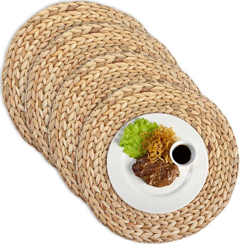 Yesland 4 Pack 13.5'' Large Rattan Tablemats - Natural Round Braided Water Hyacinth Weave Placemat - No-Slip Thick Wooden Heat Resistant Mats for Table, Coasters, Pots, Pans & Teapots in Kitchen
