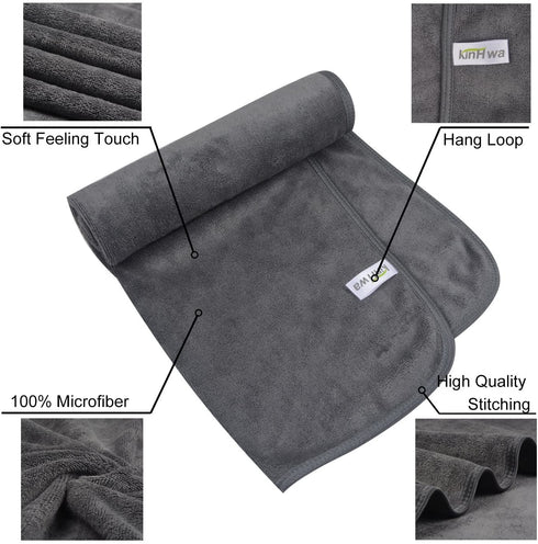 KinHwa Microfiber Hand Towels for Bathroom - Soft and Light-Weight Face Towels Odor Free Wash Towels for Bath, Spa, Gym (Gray, 4)