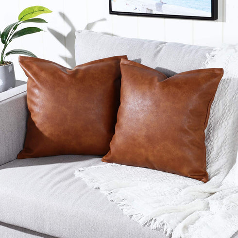 YAERTUN Set of 2 Faux Leather Decorative Throw Pillow Covers Modern Solid Outdoor Cushion Cases Luxury Pillowcases for Couch Sofa Bed 16x16 Inches Brown