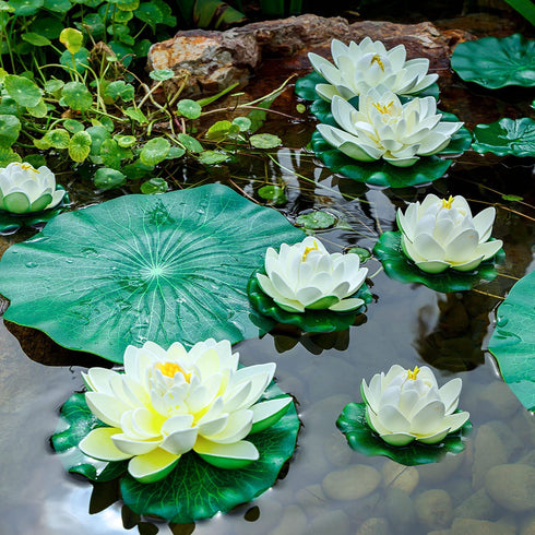 8Pcs Artificial Floating Lotus Decor with Lily Pad, Ivory White Plastic Foam Lotus Flowers with Water Lily Pad, Realistic Lotus Flower for Garden Koi Fish Pond Aquarium Pool Wedding Decor