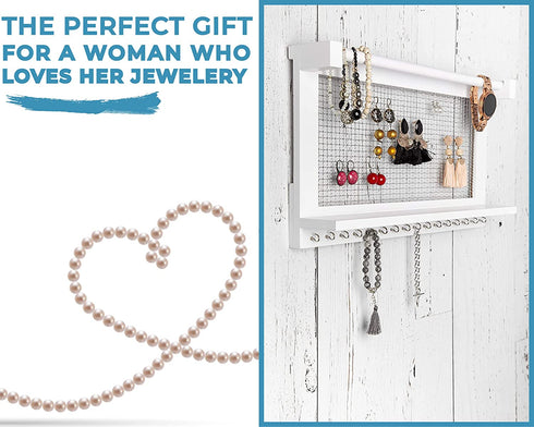Comfify Rustic Jewelry Organizer - Wall Mounted Jewelry Holder w/Removable Bracelet Rod, Shelf & 16 Hooks - Perfect Earrings, Necklaces & Bracelets Holder - Pure White