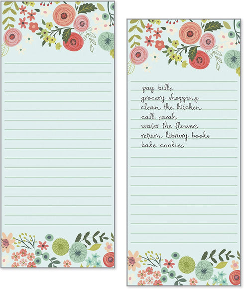 Set of 2- Teal/Coral Flowers List Pad, Notepad, Shopping List with Attachable Magnet