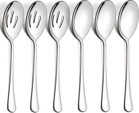 LIANYU 6 Pack Serving Spoons Set, 3 Large Serving Spoons, 3 Slotted Serving Spoons, Stainless Steel Buffet Dinner Restaurant Serving Spoons Set, Catering Serving Utensils for Party Banquet, 9.8 Inch
