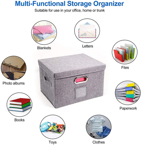 File Storage Organizer, Collapsible Office File Boxes with Lid, Linen Filing Hanging Folder Document Organizers for Letter/Legal Size with Slide Rails