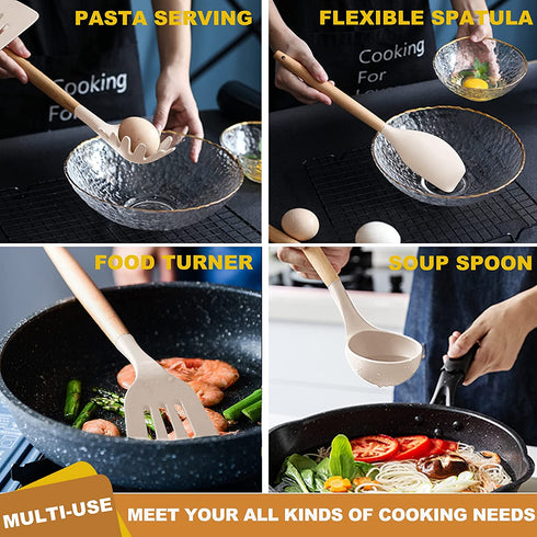 Umite Chef 36pcs Silicone Kitchen Cooking Utensils with Holder, Heat Resistant Cooking Utensils Sets Wooden Handle, Khaki Nonstick Kitchen Gadgets Tools Include Spatula Spoons Turner Pizza Cutter