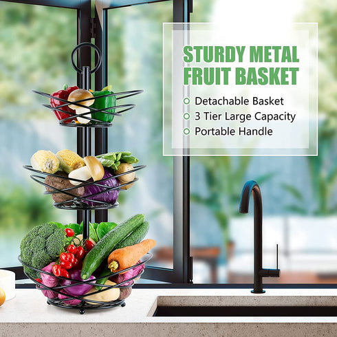 3-Tier Fruit Basket Bowl for Countertop - Homewill Large-Capacity Metal Fruit Bowls for Kitchen Counter | Detachable Fruits Baskets with Handle for Vegetable Banana