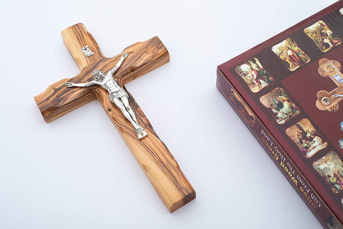 Hand Made Olive Wood Cross with Silver Plated Metal (Crucifix 8 Inch) - Wall Hanging, from the Holy Land Where Jesus Was Born, Crucified and Rose on the 3rd Day By Olive Wood Gifts Shop
