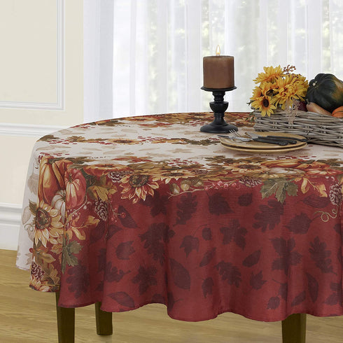 Elrene Home Fashions Swaying Leaves Bordered Fabric Tablecloth for Fall/Thanksgiving/Harvest, 70" Round, Multi
