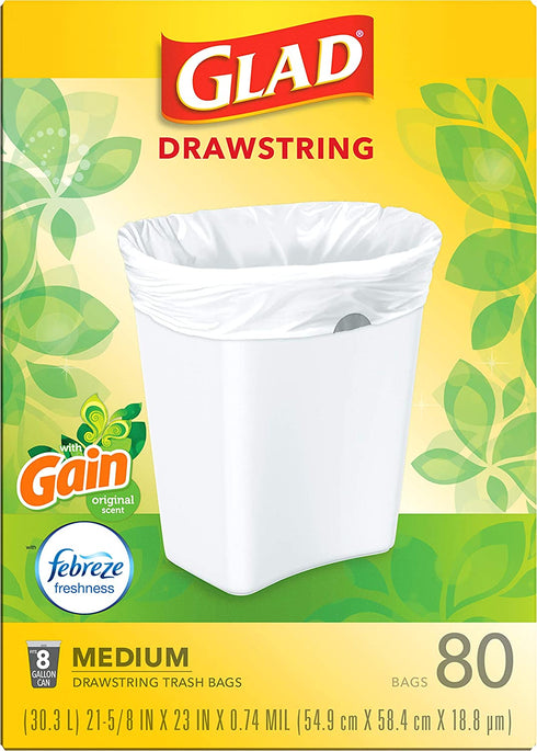 Glad Trash & Food Storage Medium Kitchen Drawstring Trash Bags 8 Gallon White Trash Bag, Gain Original Scent (Package May Vary), Fresh, 80.0 Count