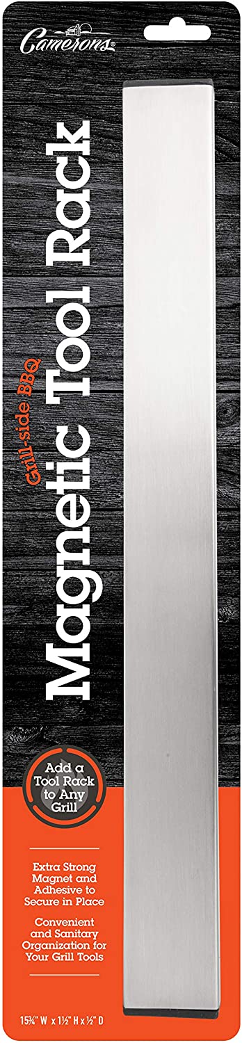 Magnetic Stainless Steel BBQ Tool Bar Rack 16" x 1.5" - Hands Free Grill Utensil Organizer, Storage, and Holder - Strong Magnet or Optional Adhesive Strip Attaches to Your Grill - Hangs up to 10 Tools