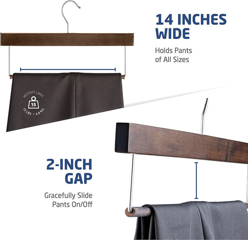 High-Grade Wooden Slack/Trouser Pants Hangers with Non Slip Bar (20 Pack) Smooth Finish, Durable Wooden Hangers - Slim & Sleek Space Saving Closet Hangers, 360° Hook- Ideal for Pant, Jeans, Slacks Etc