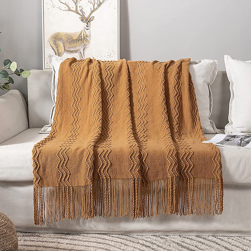 MIULEE Brown Throw Blanket for Couch,Boho Bed Decor Knitted Outdoor Blankets Throw Size with Tassels Cozy Woven for Sofa Home Chair Wave Pattern 50" x 60" Inches