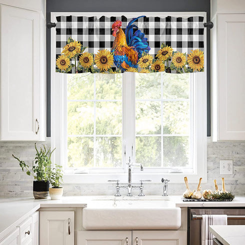 Plelat Window Valance,Farm Rooster Snuflower Black and White Buffalo Plaid Window Curtain,Thermal Insulated Rod Pocket Cutain Valance for Living Room Bedroom Laundry Room,54x18 Inch