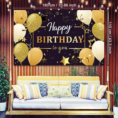 Happy Birthday Party Decorations, Extra Large Fabric Black and Gold Happy Birthday to You Sign Backdrop Banner Photo Booth Background for Indoor Outdoor Birthday Party Favor, 70.8 x 43.3 Inch