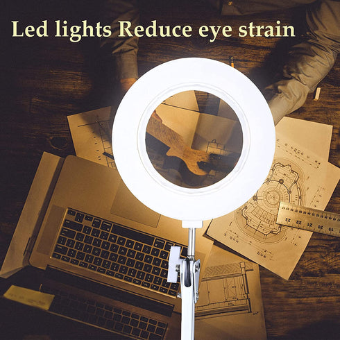 Magnifying Glass with Light and Stand, 10X Hands-Free Magnifier Double Gooseneck Magnifier 2 in 1 Clamp Table & Desk Magnifier with Phone Clip, Chip Clip Great for Reading, Hobbies, Crafts (5X White)