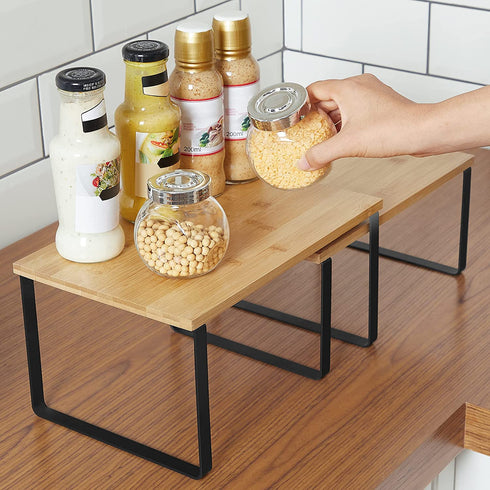 SONGMICS Cabinet Shelf Organizers, Set of 2 Kitchen Counter Shelves, Stackable, Expandable, Metal and Bamboo, Black and Natural UKCS02NB